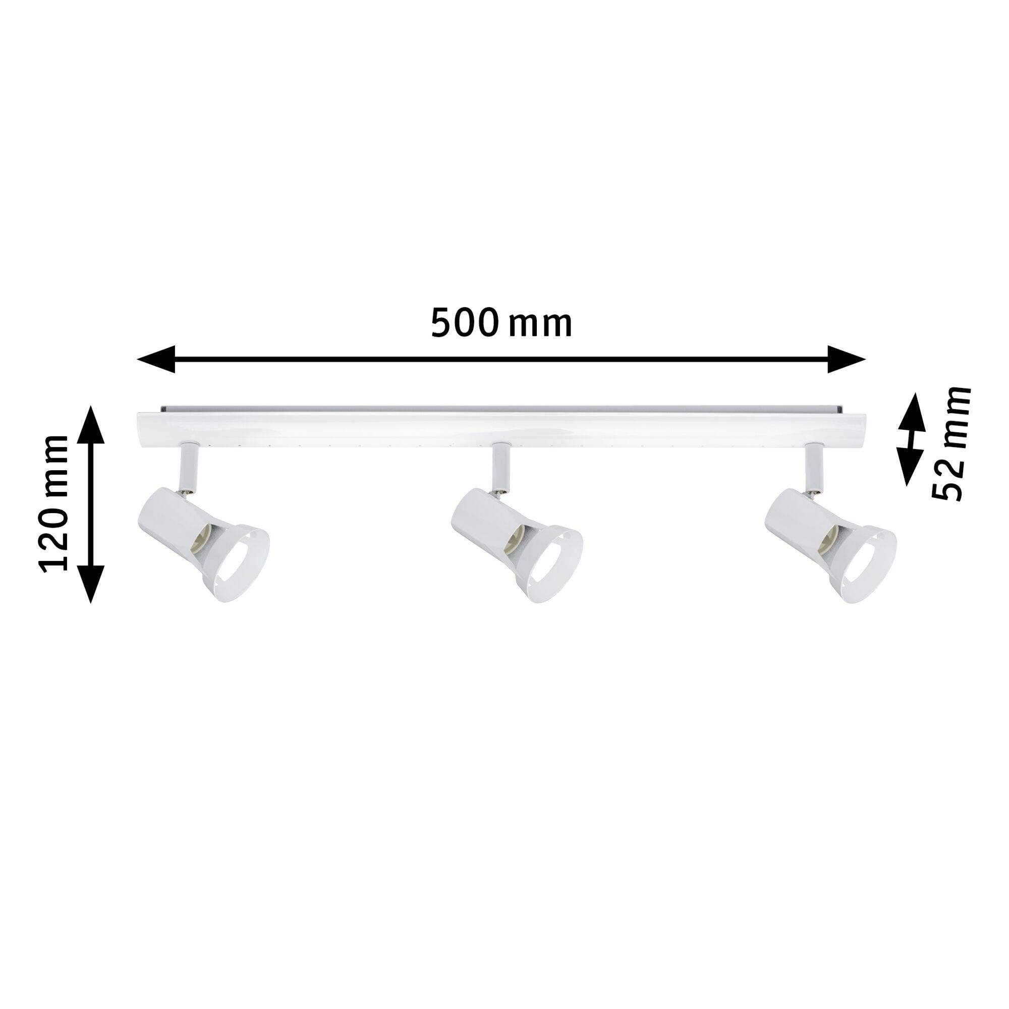 Deckenstrahler mit drei weißen Leuchten; Maße: Breite 500 mm, Höhe 120 mm, Tiefe 52 mm. Verstellbare Lampenköpfe für gezielte Beleuchtung.