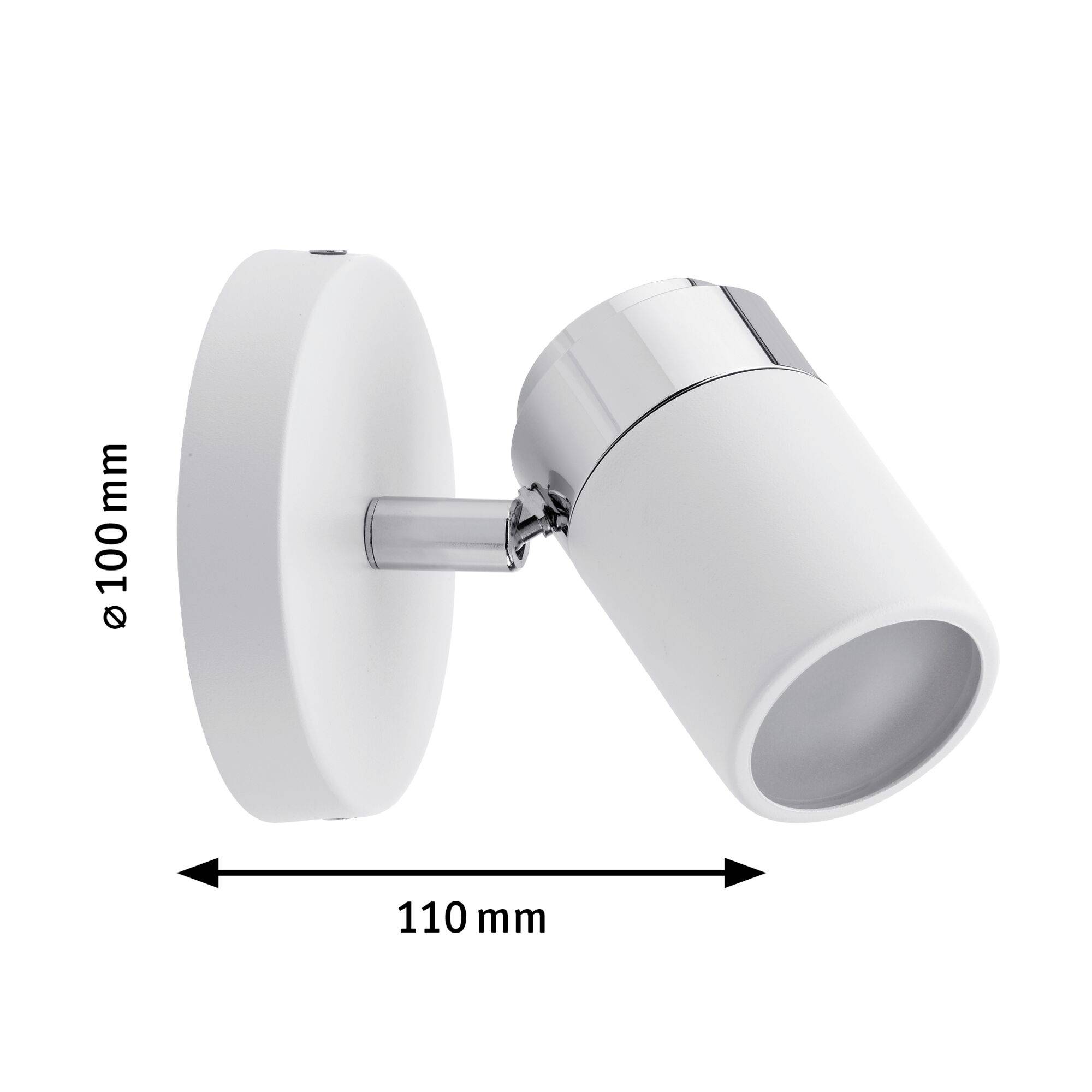 Weiße, zylindrische LED-Wandleuchte mit verchromtem Detail, seitlich gezeigt. Abmessungen: Durchmesser 100 mm, Tiefe 110 mm.