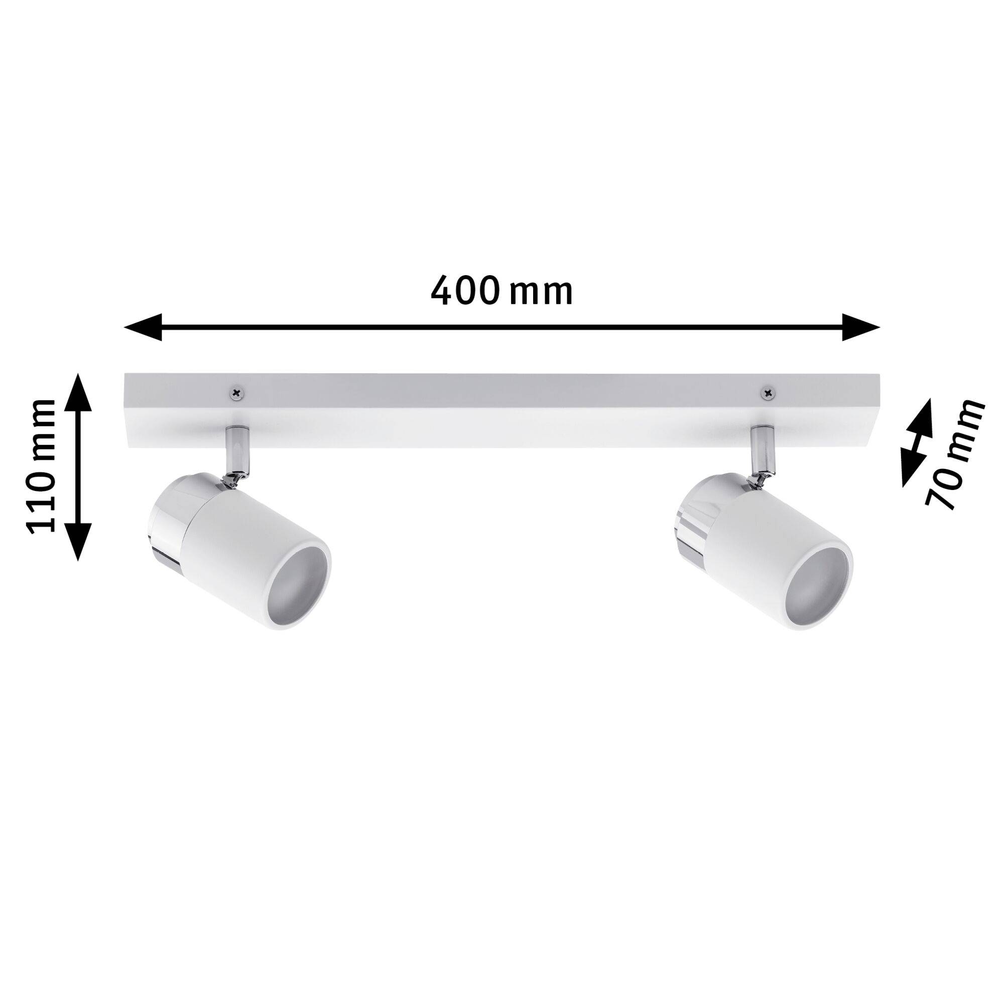 Weiße Deckenleuchte mit zwei einstellbaren LED-Spots. Maße: Länge 400 mm, Höhe 110 mm, Durchmesser der Spots 70 mm.