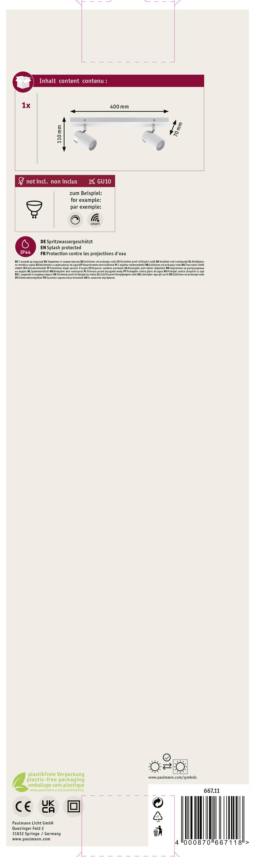 'LED Deckenleuchte 3-flammig, 3x GU10, max. 50W. Maße: 565x105mm. Schutzklasse: IP20. Energieeffizienzklasse A bis A++. Keine Leuchtmittel enthalten.'