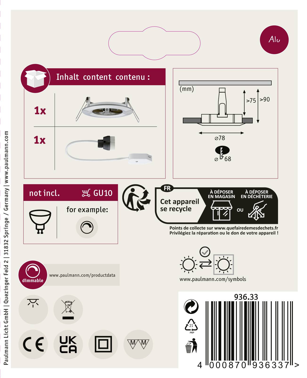 'Einbauspot-Set aus Aluminium mit GU10-Fassung, nicht dimmbar. Enthält 1x Einbaurahmen und 1x Anschlusskabel. Für Leuchtmittel Ø78 mm.'