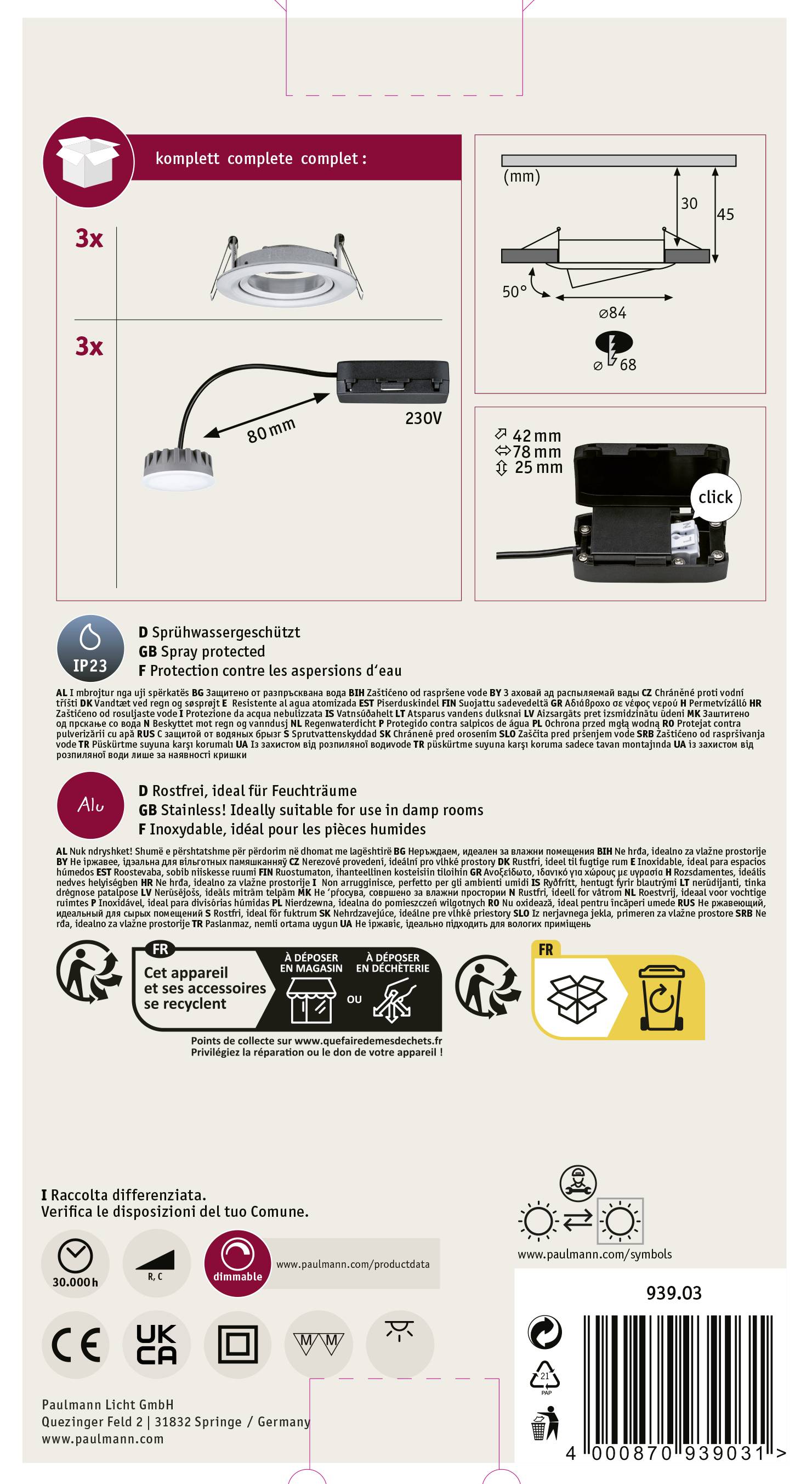 Verpackungsrückseite zeigt Details eines kompletten LED-Einbauleuchten-Sets, Schutzklassensymbole und Installationsanleitung.