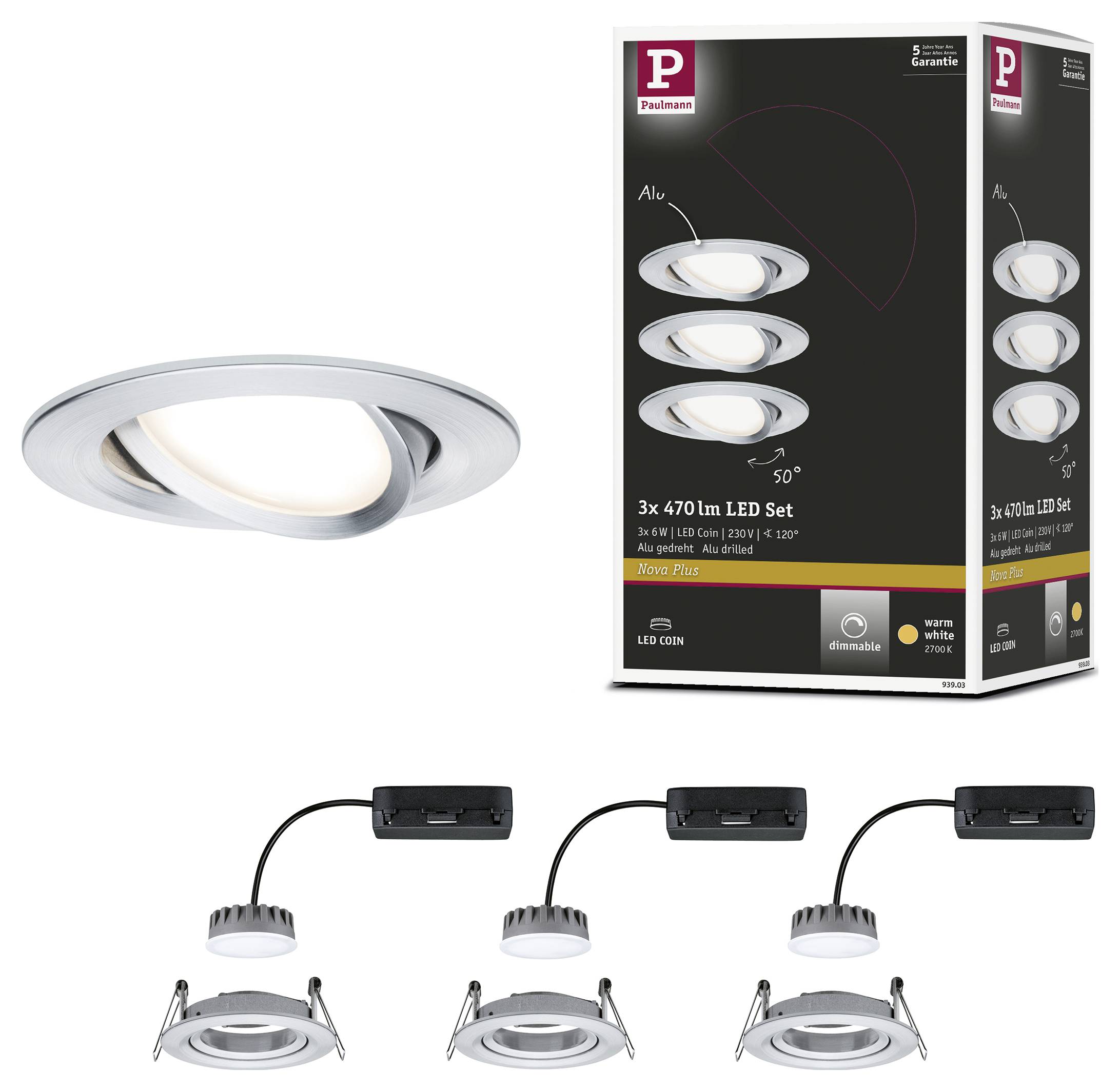 Produktbild von einem LED-Set mit drei silbernen Einbaustrahlern. Verpackung zeigt '3x 470lm LED Set', ideal für Innenbeleuchtung.