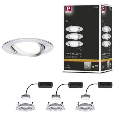 Produktbild von einem LED-Set mit drei silbernen Einbaustrahlern. Verpackung zeigt '3x 470lm LED Set', ideal für Innenbeleuchtung.