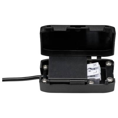 Schwarze elektrische Anschlussdose mit offenem Deckel, zeigt Kabelverbindungen und Schraubanschlüsse im Inneren.