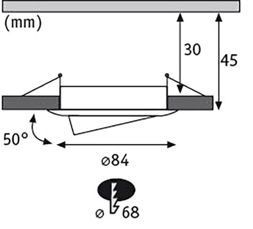 Einbauleuchte: Durchmesser 84 mm, Ausschnitt 68 mm, Höhe 30 mm, gesamte Tiefe 45 mm, Neigungswinkel 50 Grad.