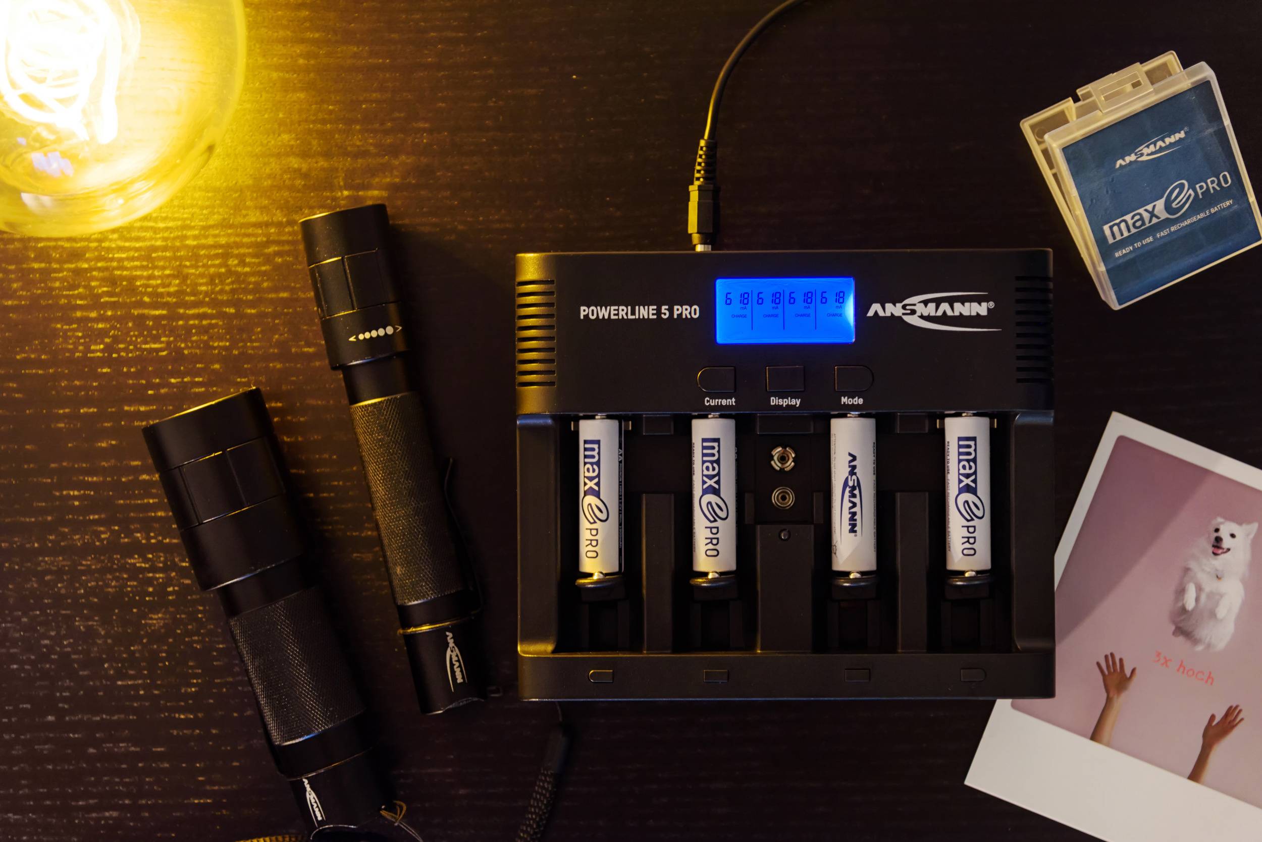 Auf einem Tisch liegt ein Batterieladegerät mit vier eingelegten AA-Batterien. Daneben sind zwei Taschenlampen, eine SD-Kartenhülle und ein Polaroid-Foto.