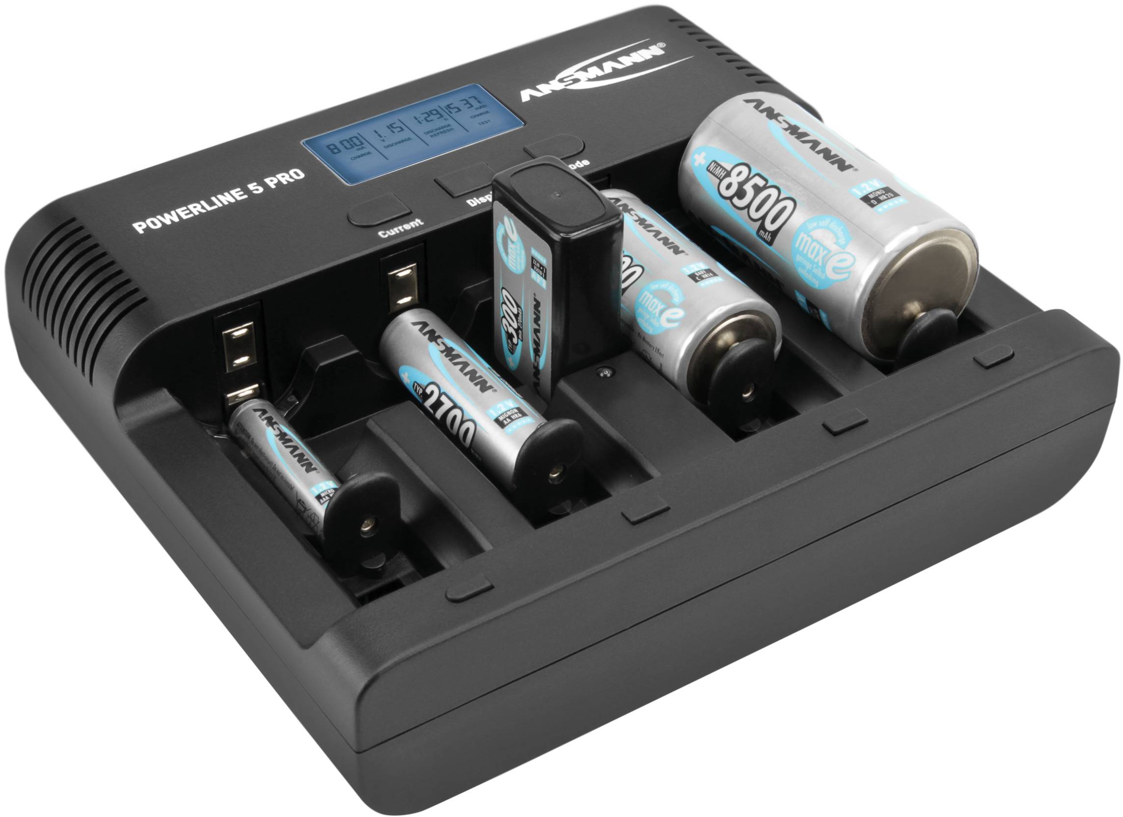 Ladegerät mit fünf Steckplätzen für verschiedene Batteriegrößen, darunter AA-, AAA-, C-, D- und 9V-Batterien, auf schwarzer Basis.