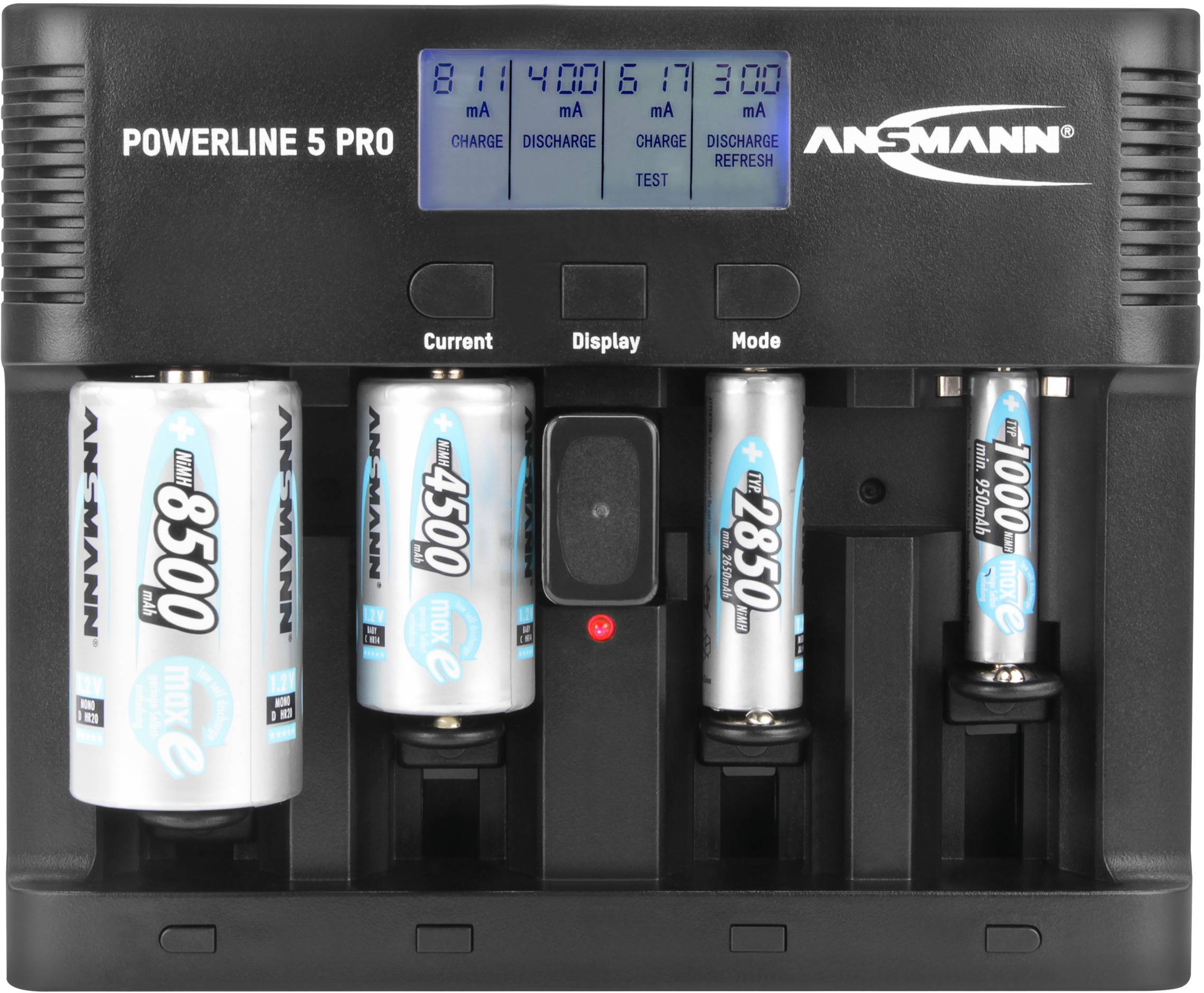 'Ladegerät ANSMANN Powerline 5 Pro mit vier AA-Batterien auf LCD-Display. Verschiedene Lade- und Entlademodi.'