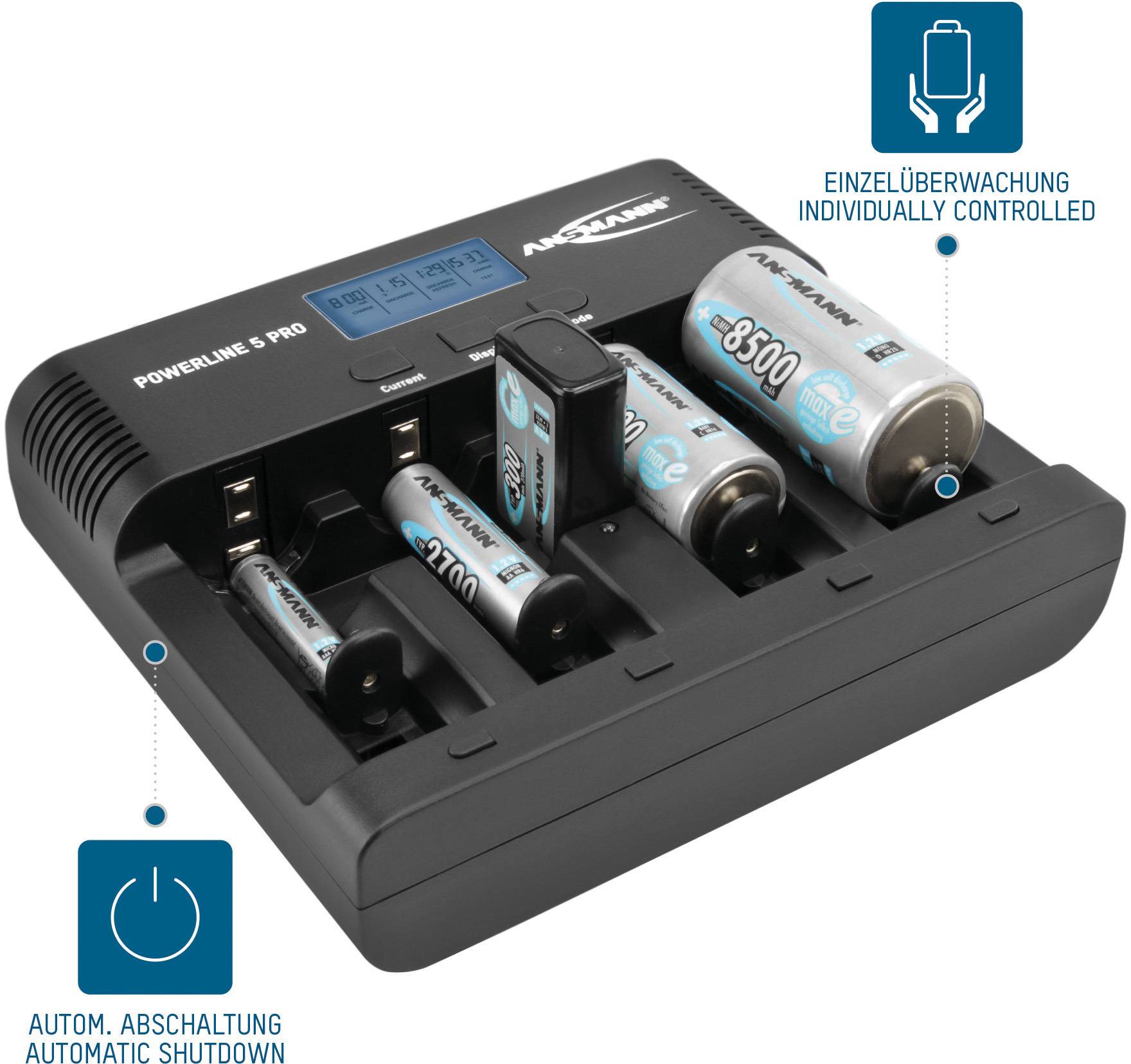 Ein Batterieladegerät lädt verschiedene Akkus gleichzeitig auf. Es hat eine Anzeige und Funktionen wie 'Einzelüberwachung' und 'Automatische Abschaltung'.