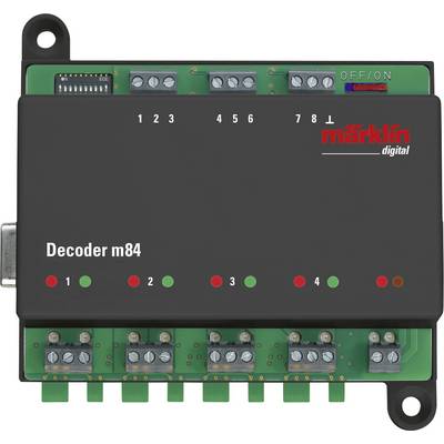 'Dekoder m84 von Märklin, ein digitaler Schaltdecoder mit acht Anschlüssen und LED-Anzeigen. Verwendet für Modelleisenbahnsteuerung.'