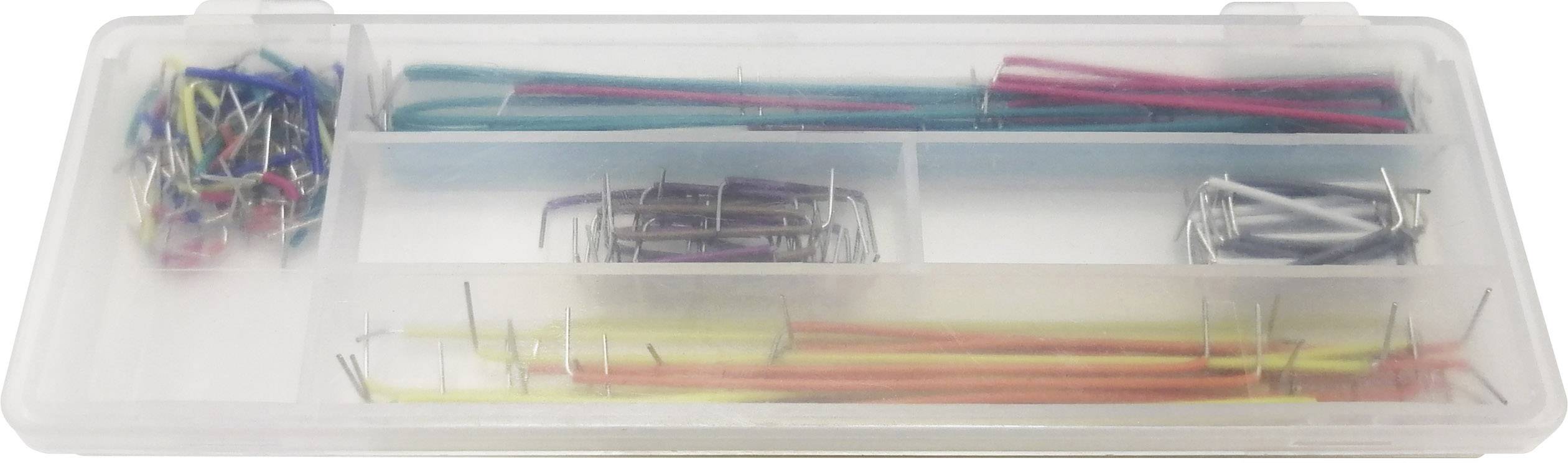 Ein Kunststoffkasten mit abgestuften Fächern, die rote, blaue, grüne, gelbe und schwarze Drahtbrücken für elektronische Projekte enthalten.