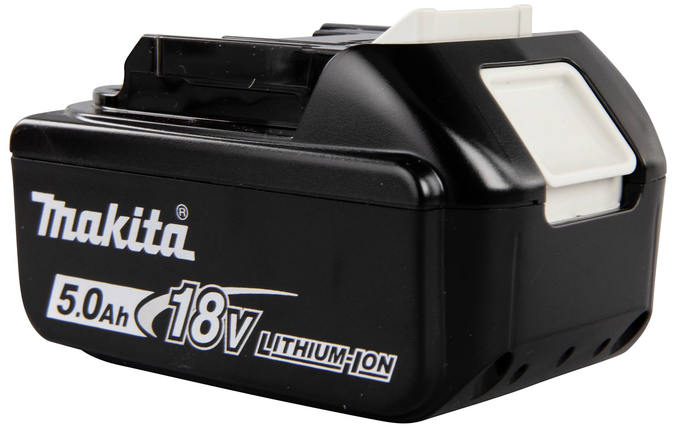 Makita 18V 5.0Ah Lithium-Ionen-Akku für Elektrowerkzeuge, schwarze Kunststoffhülle mit weißer Verriegelung.