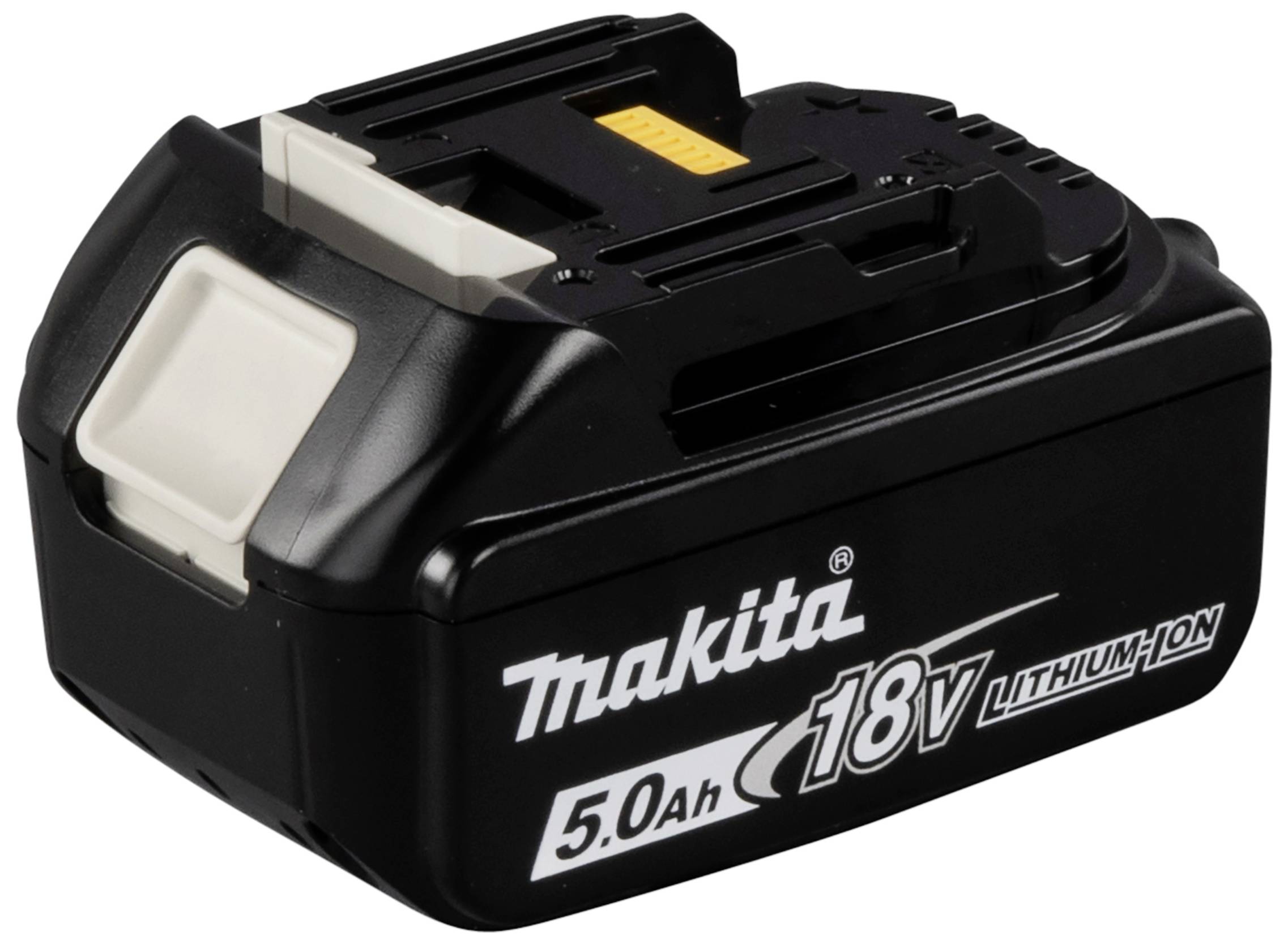 Makita 18V Lithium-Ionen Akku, 5,0 Ah. Schwarzes Gehäuse mit Markenzeichen. Geeignet für Elektrowerkzeuge.
