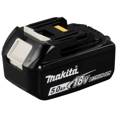Makita 18V Lithium-Ionen Akku, 5,0 Ah. Schwarzes Gehäuse mit Markenzeichen. Geeignet für Elektrowerkzeuge.