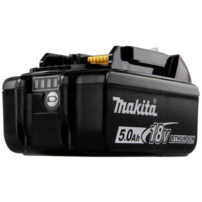 Akkupack mit Kapazitätsanzeige und 'Makita 5.0Ah 18V Lithium-Ion' Aufschrift.