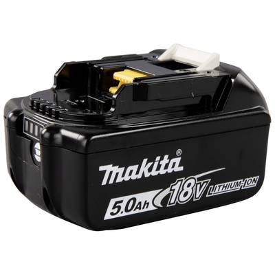 Schwarzer Lithium-Ionen-Akku mit 18 Volt und 5,0 Ah von Makita; rechteckige Form, Anschlüsse oben sichtbar.