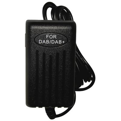 Schwarzes Netzteil mit der Aufschrift 'For DAB/DAB+', geeignet für DAB- und DAB+-Geräte, mit integriertem Kabel.