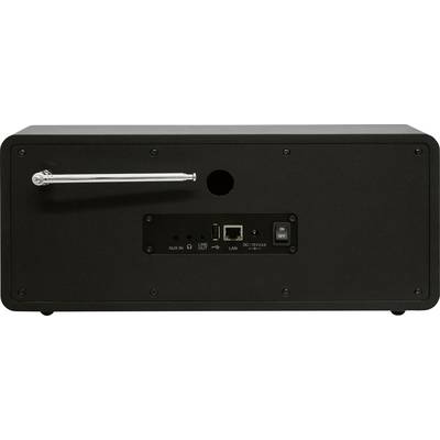 Die Rückseite eines elektronischen Geräts mit einer Antenne und Anschlüssen für AUX, USB, LAN und Stromversorgung. Ein/Aus-Schalter vorhanden.
