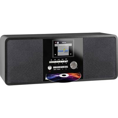 Ein schwarzes Radio mit eingebautem CD-Player. Der Bildschirm zeigt den Sender 'Star Sat Radio'. Eine CD wird gerade abgespielt.