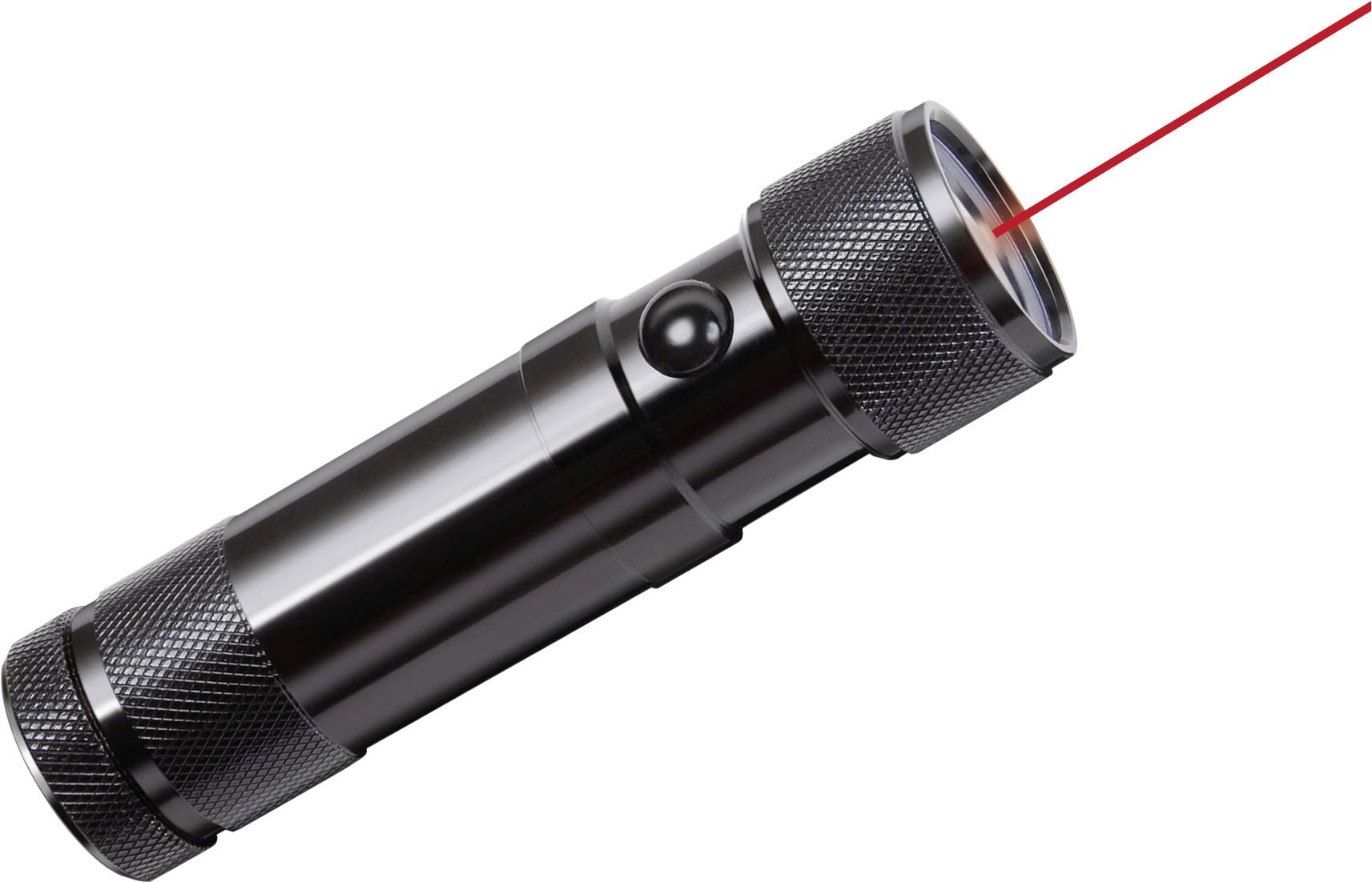 Schwarze Taschenlampe mit einem roten Strahl, der aus der Linse auf weißem Hintergrund scheint.