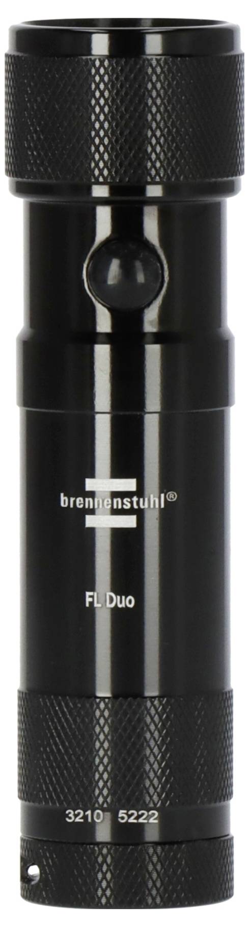 Schwarze Brennenstuhl FL Duo Taschenlampe mit strukturiertem Griff, vertikalem Gehäuse und Modellnummer 3210 5222, die in der Nähe des unteren Endes aufgedruckt ist.