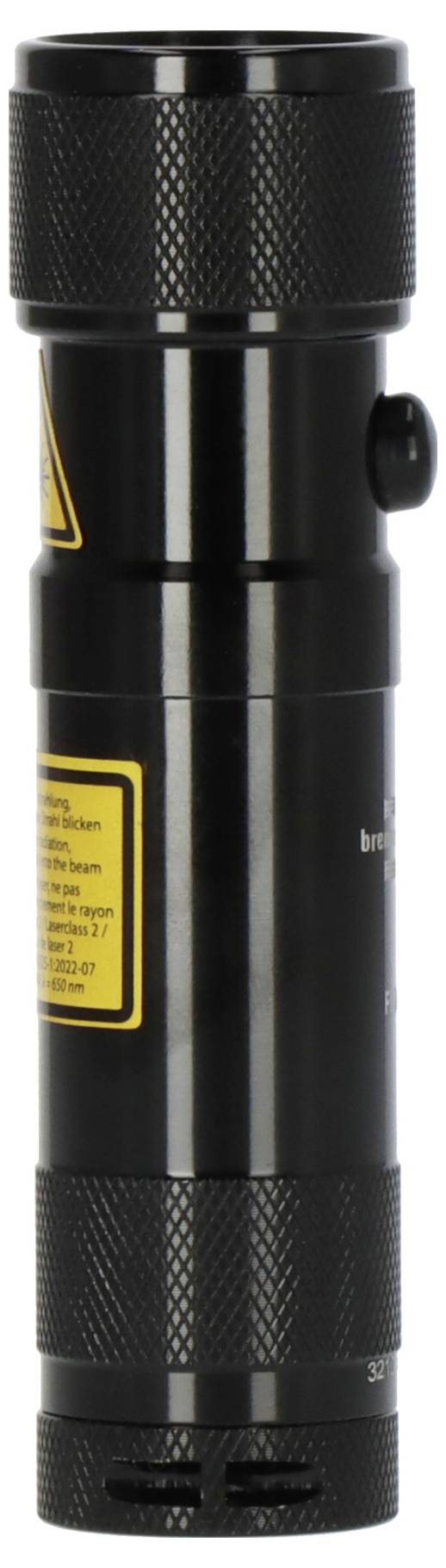 Schwarze zylindrische Taschenlampe mit strukturiertem Griff, Seitenschalter und gelben Warnaufklebern auf weißem Hintergrund.