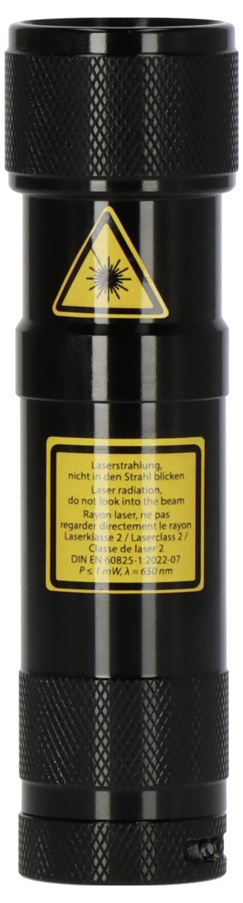 Schwarzes zylindrisches Lasergerät mit Warndreieck und gelbem Sicherheitsetikett, aufrecht auf weißem Hintergrund dargestellt.