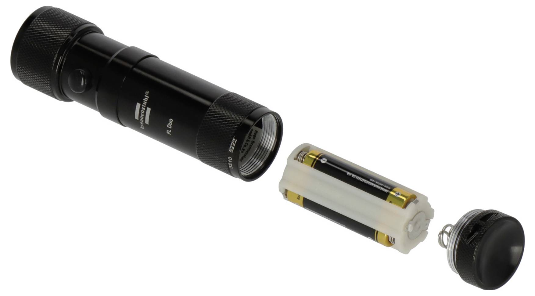 Zerlegter schwarzer Taschenlampe mit getrennt angeordnetem Gehäuse, Batteriefach und Endkappe auf weißem Hintergrund.