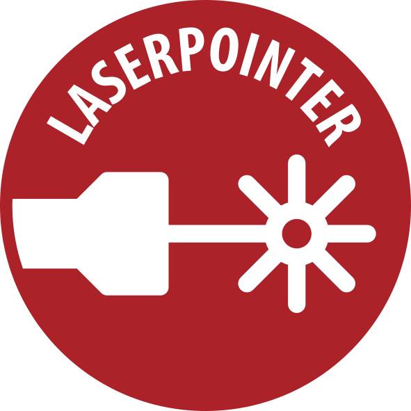 Rote, kreisförmige Laserpointer-Warnung mit einem weißen Laserstrahlsymbol und dem Wort „LASERPOINTER" oben.
