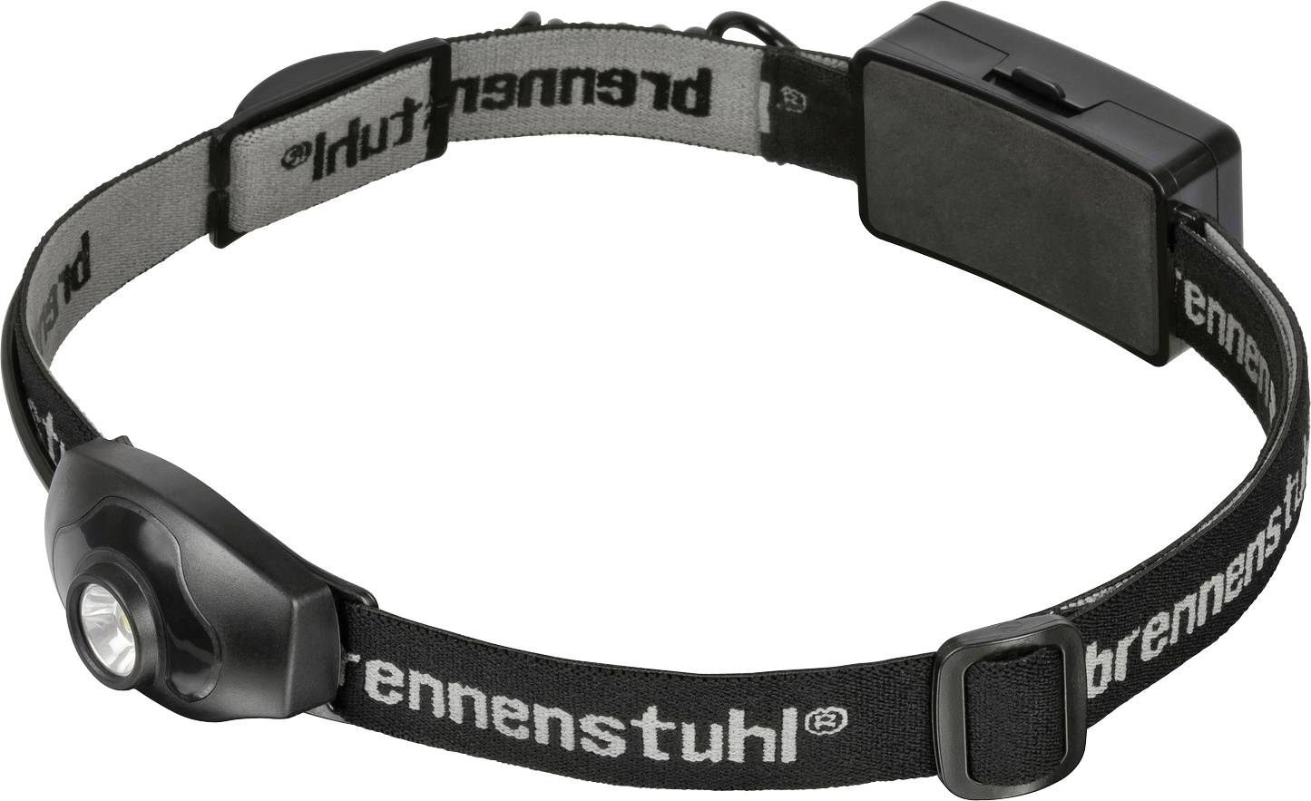 Schwarze Stirnlampe mit verstellbarem Stoffband und Frontlicht, gezeigt auf weißem Hintergrund.