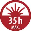 Rotes kreisförmiges Warnschild mit einem aufgehenden Sonne-Symbol und dem Text „35h MAX."