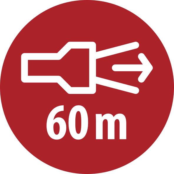 Rotes kreisförmiges Verkehrszeichen mit einem weißen nach links zeigenden Pfeil und „60 m", das eine Richtungsänderung oder Ausfahrt in 60 Metern anzeigt.