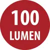 Rotes kreisförmiges Etikett mit weißem Text „100 LUMEN", das die Helligkeitsleistung anzeigt.