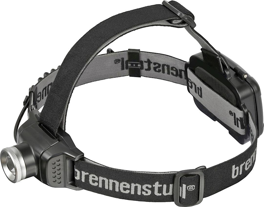 Schwarze und graue verstellbare Stirnlampe mit elastischem Riemen und Frontlicht, gezeigt auf weißem Hintergrund.