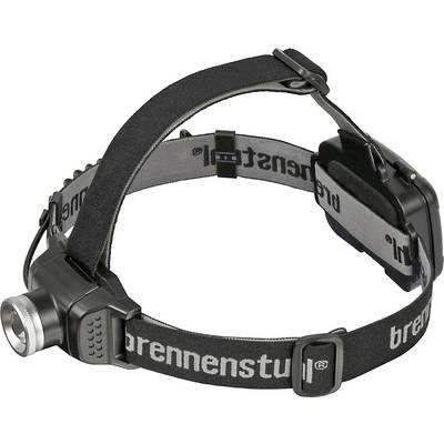 Schwarze und graue verstellbare Stirnlampe mit elastischem Riemen und Frontlicht, gezeigt auf weißem Hintergrund.