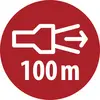 Rotes kreisförmiges Verkehrsschild mit einem weißen nach rechts zeigenden Pfeil und „100m" darunter, das eine Richtungsänderung in 100 Metern anzeigt.
