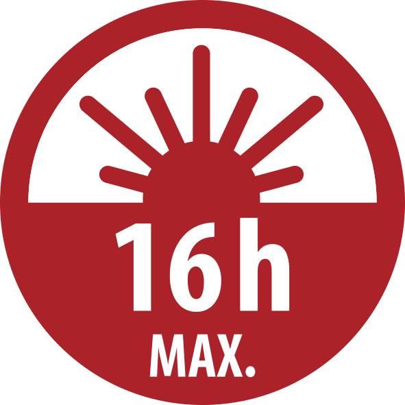 Rotes Kreisschild mit einem aufgehenden Sonnensymbol und dem Text „16h MAX." als Hinweis auf eine maximale 16-Stunden-Begrenzung.