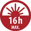 Rotes Kreisschild mit einem aufgehenden Sonnensymbol und dem Text „16h MAX." als Hinweis auf eine maximale 16-Stunden-Begrenzung.