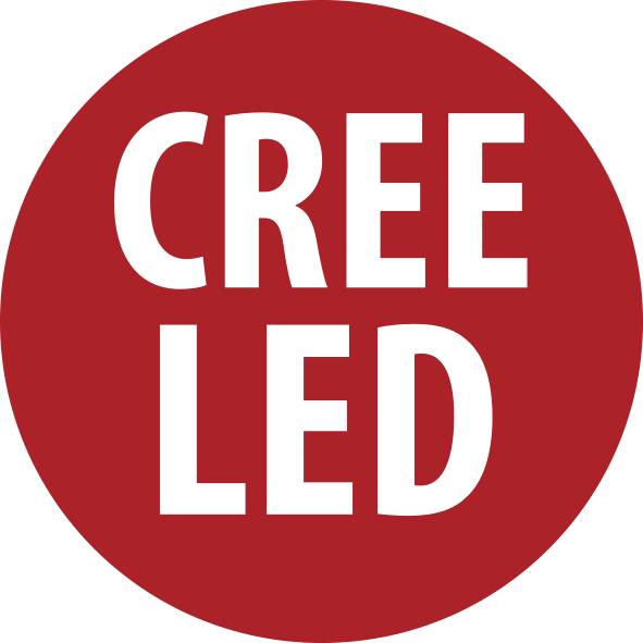 Rotes kreisförmiges Logo mit weißem Text "CREE LED" in der Mitte.