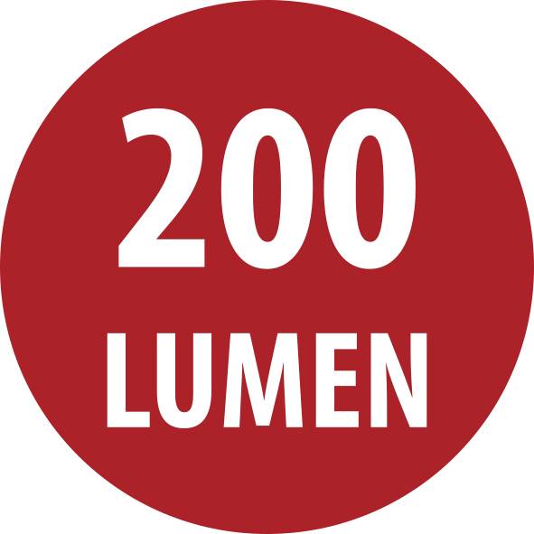 Rotes Rundemabzeichen mit weißem Text „200 LUMEN".