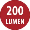 Rotes Rundemabzeichen mit weißem Text „200 LUMEN".