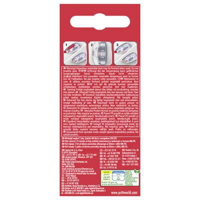 'Pritt-Korrekturroller-Nachfüllpackung mit Gebrauchsanweisung, Diagrammen und Warnhinweisen in mehreren Sprachen auf der Rückseite.'