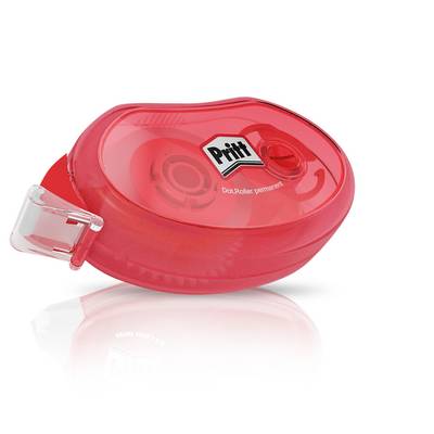 Ein roter Korrekturband-Spender der Marke 'Pritt', konzipiert für permanente Klebenanwendung, mit transparentem Seitendeckel.