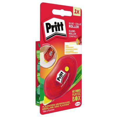 Rote Verpackung eines Pritt-Kleberollers, gekennzeichnet als 'nicht permanent' mit 'einfach zu entfernen'. Es wird erwähnt 'kein Plastikbehälter mehr' und die Maße betragen 10m x 8,4mm.