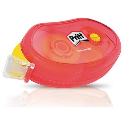 Roter Pritt-Korrekturbanddispenser mit durchsichtiger Seite, der die Rollen des Korrekturband im Inneren zeigt.