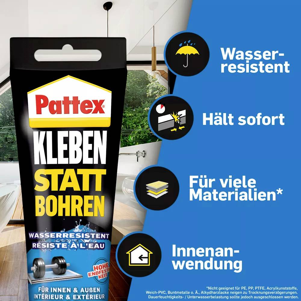 Pattex Kleberverpackung mit Text 'Kleben statt Bohren'. Eigenschaften: wasserresistent, hält sofort, für viele Materialien, Innenanwendung.