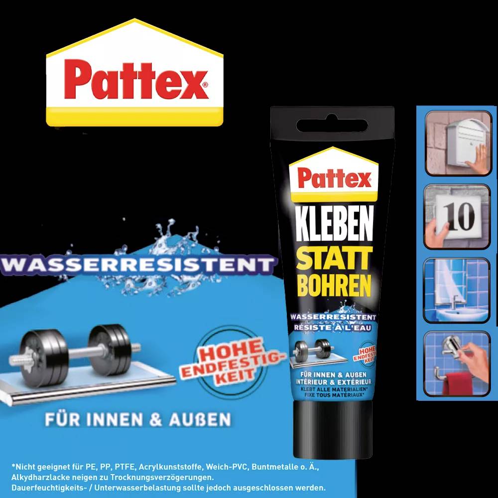 'Pattex Kleben statt Bohren' Wasserkleber für Innen/Außen. Wasserresistent, hohe Endfestigkeit. Abbildung: Hantel, Vorher-Nachher-Diagramm oben rechts.