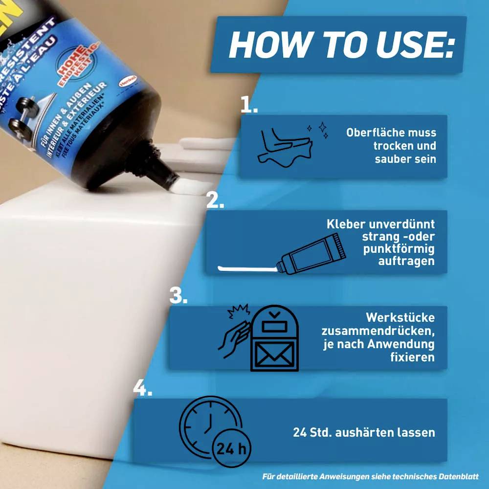 'Ein Produkt wird verdünnt oder punktförmig aufgetragen, um zwei zu verbindende Teile zu bekleben. Die Aushärtung dauert 24 Stunden.'