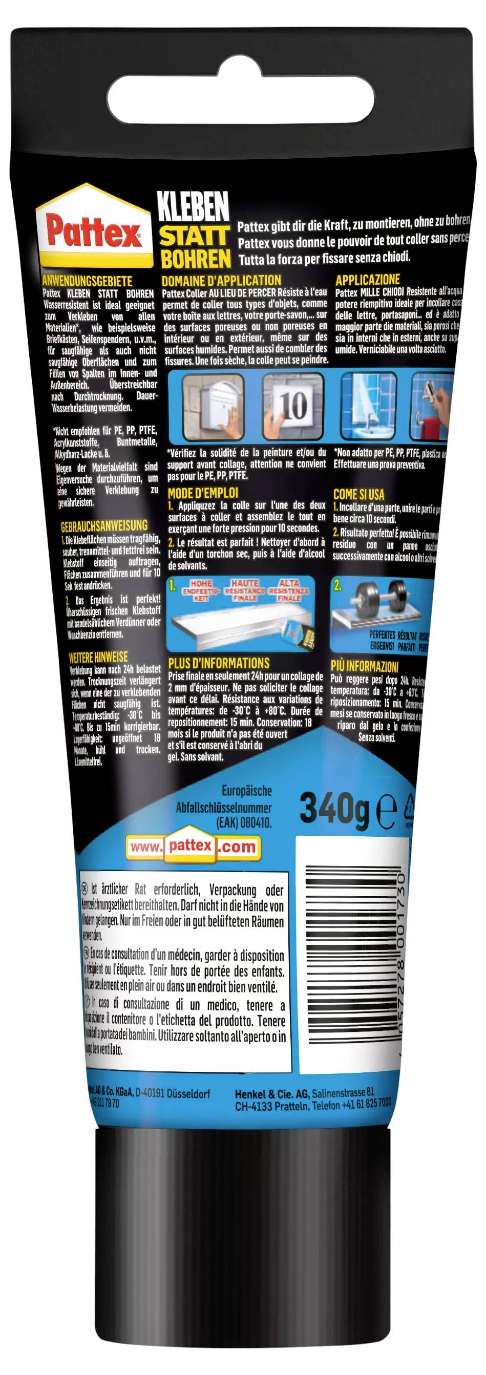 Klebstofftube 'Pattex Kleben statt Bohren', zeigt Anwendungstipps in Bildern, 340g Inhalt. Für starke Klebeverbindungen ohne Bohren.